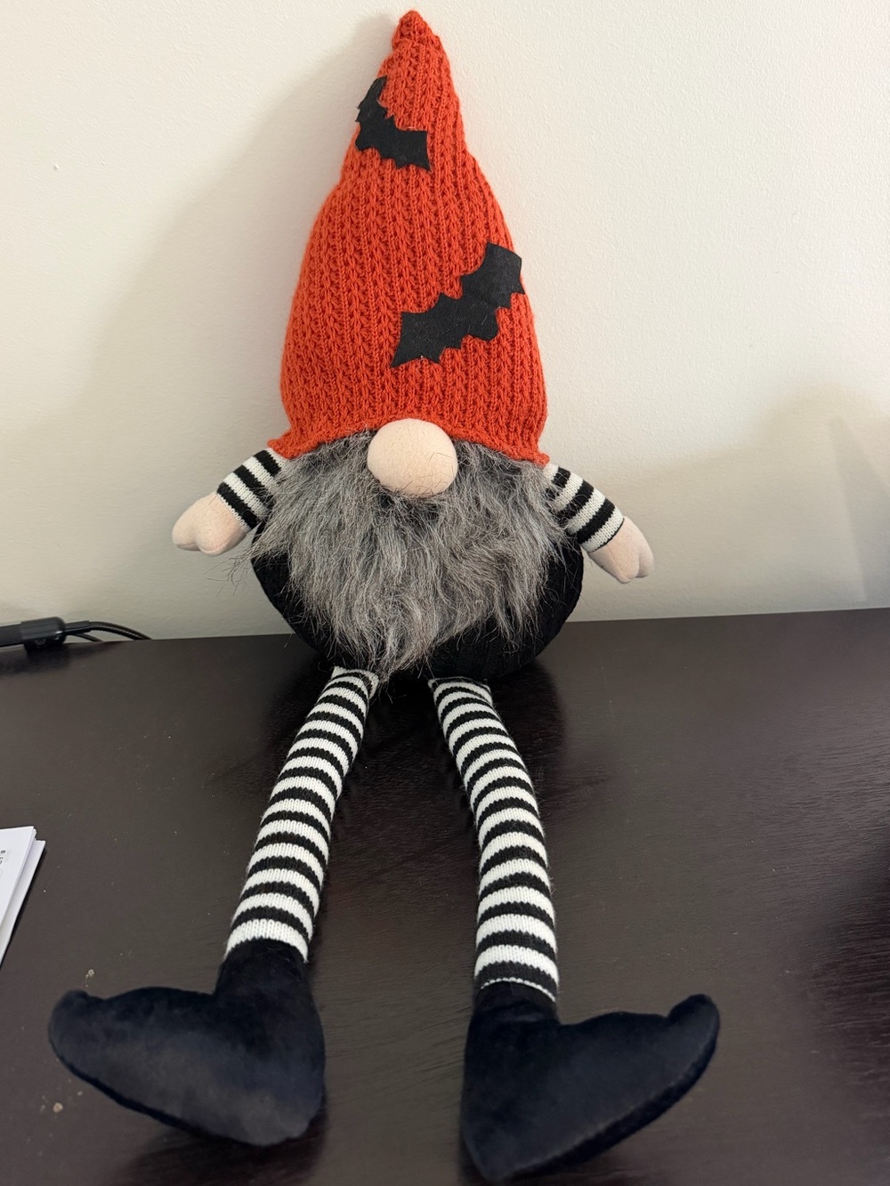 Halloween Gnome Plush with Orange Knit Hat and Black Bat Accents